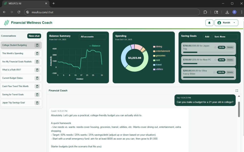 Screenshot of the website chat interface